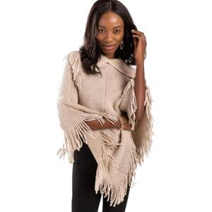 Francesca's | Iris Cowl Neck Knit Fringe Poncho in Beige One Size